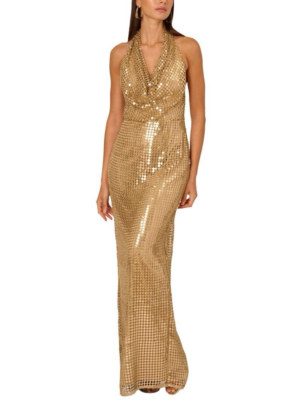 Sequin Halter Backless Evening Gown in Gold